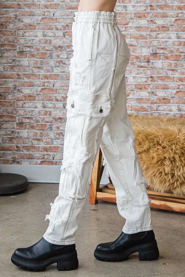 STAR PATCHED STRETCH DENIM CARGO PANTS