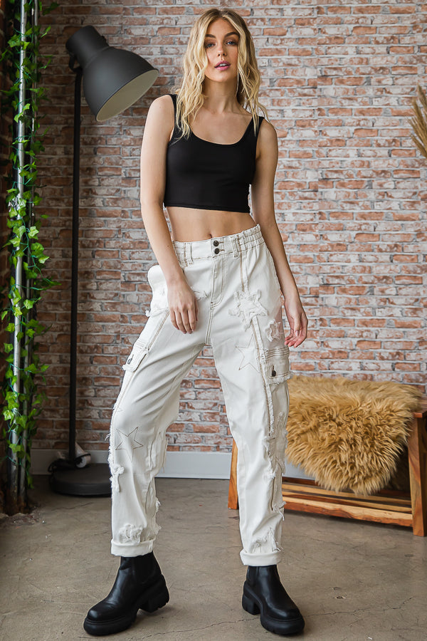 STAR PATCHED STRETCH DENIM CARGO PANTS