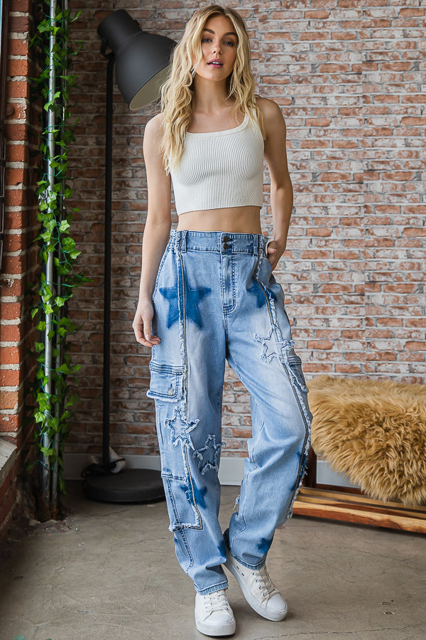 STAR PATCHED STRETCH DENIM CARGO PANTS