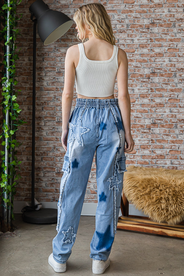 STAR PATCHED STRETCH DENIM CARGO PANTS