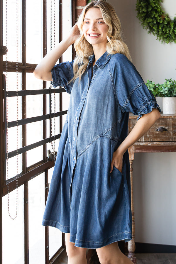 SNAP FRONT BUBBLE SLEEVE SHIRT DRESS