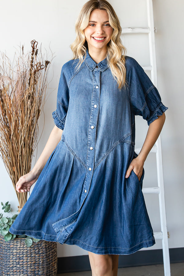 SNAP FRONT BUBBLE SLEEVE SHIRT DRESS