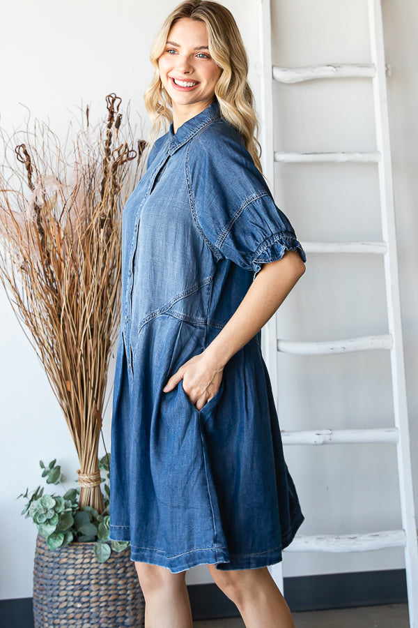 SNAP FRONT BUBBLE SLEEVE SHIRT DRESS