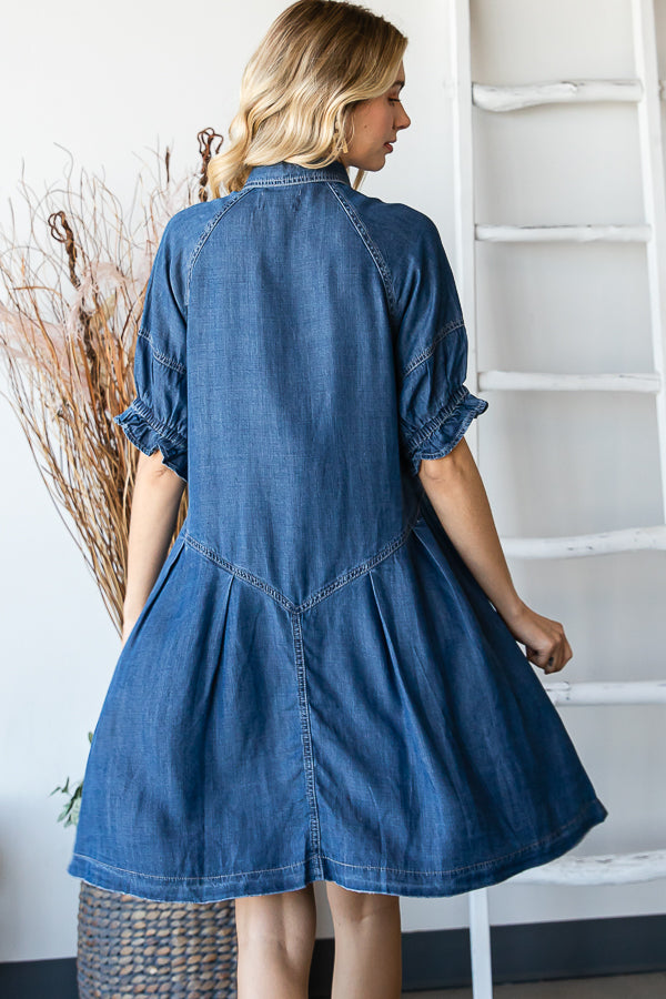 SNAP FRONT BUBBLE SLEEVE SHIRT DRESS