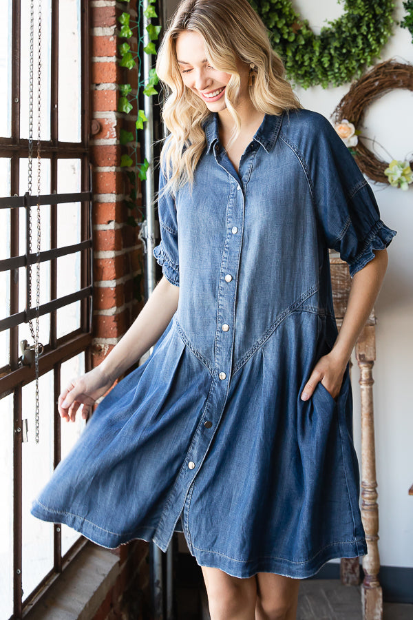 SNAP FRONT BUBBLE SLEEVE SHIRT DRESS