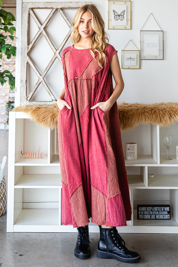 WASHED PATCHWORK DETAIL MIDI DRESS