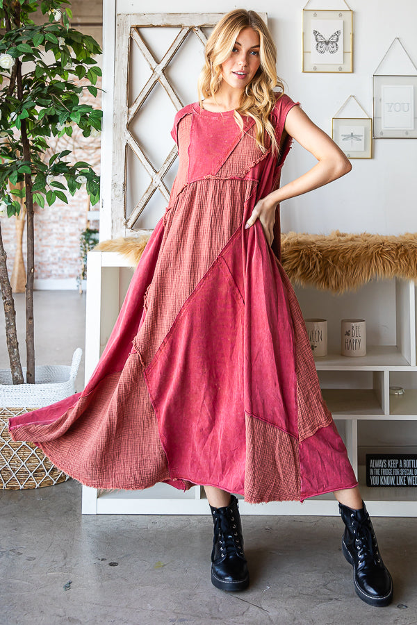WASHED PATCHWORK DETAIL MIDI DRESS