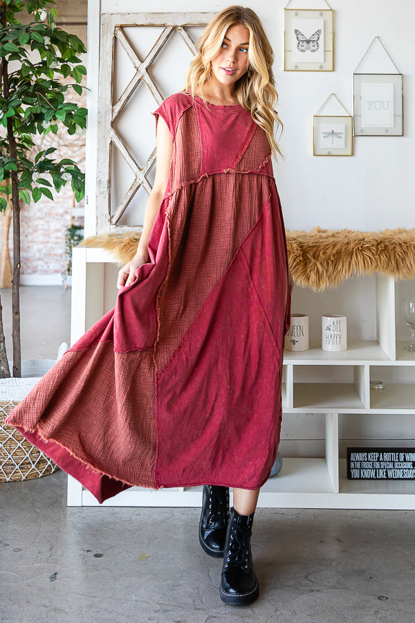 WASHED PATCHWORK DETAIL MIDI DRESS