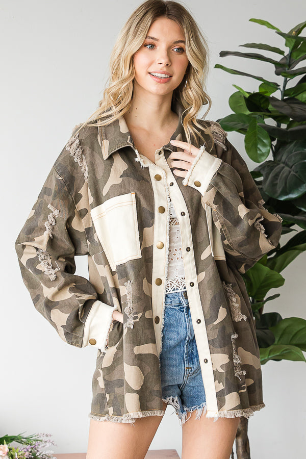 DISTRESSED ARMY PRINTED SHIRT JACKET
