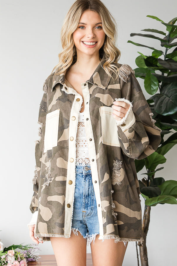 DISTRESSED ARMY PRINTED SHIRT JACKET