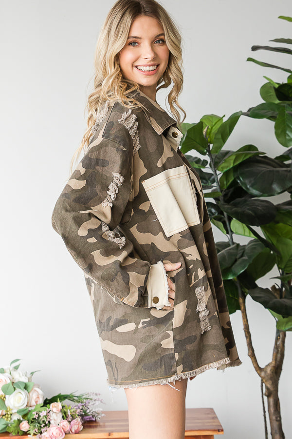 DISTRESSED ARMY PRINTED SHIRT JACKET