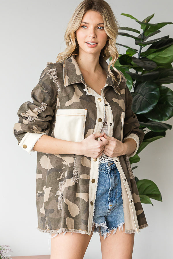 DISTRESSED ARMY PRINTED SHIRT JACKET
