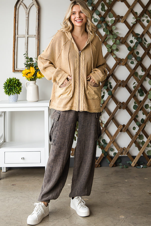 WASHED ZIP FRONT HOODED WAFFLE JACKET