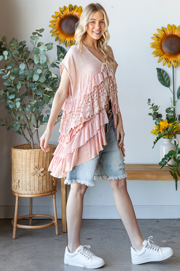 WASHED LACE TIERED TIE FRONT DETAIL SLEEVELESS TOP