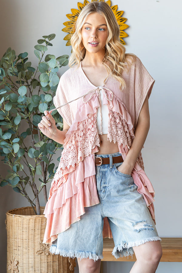 WASHED LACE TIERED TIE FRONT DETAIL SLEEVELESS TOP