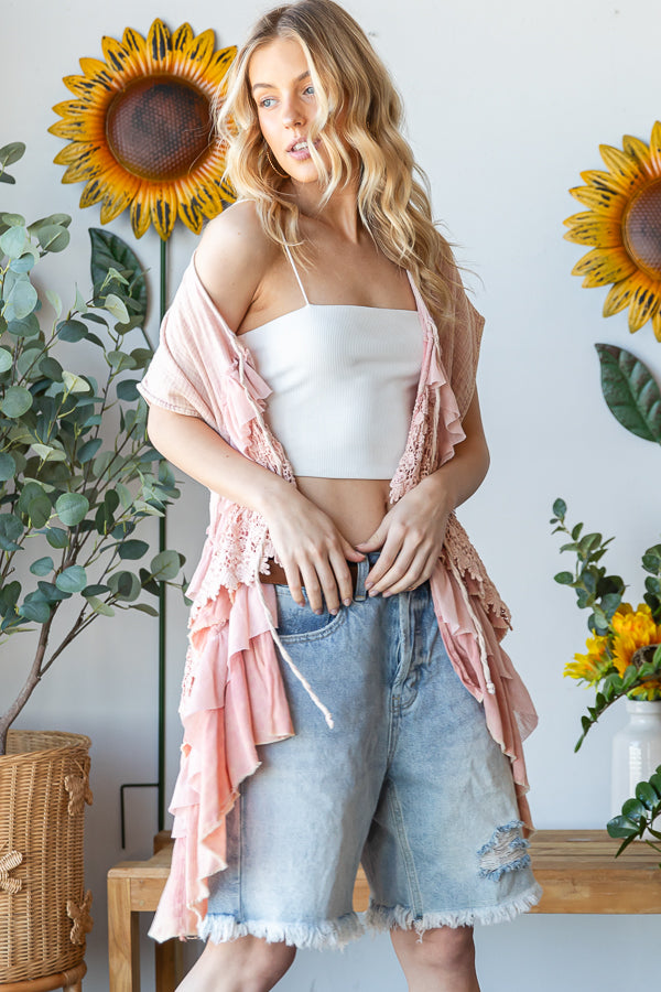 WASHED LACE TIERED TIE FRONT DETAIL SLEEVELESS TOP