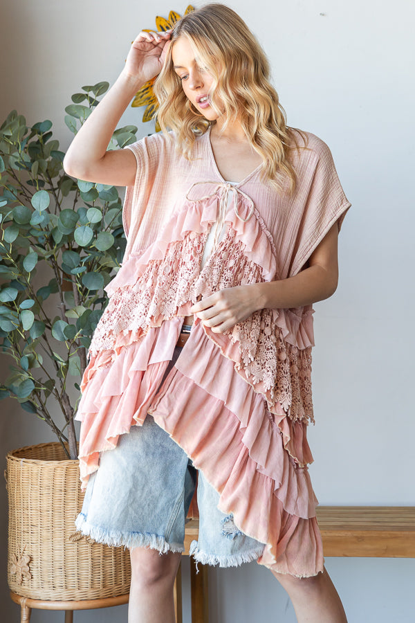 WASHED LACE TIERED TIE FRONT DETAIL SLEEVELESS TOP