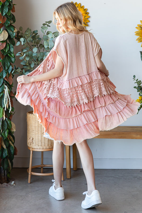 WASHED LACE TIERED TIE FRONT DETAIL SLEEVELESS TOP