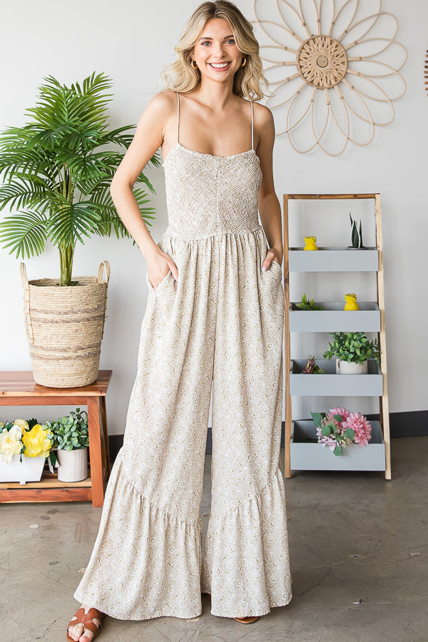 SMOCKED CAMI RUFFLE HEM RELAXED JUMPSUIT