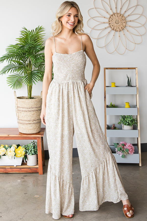SMOCKED CAMI RUFFLE HEM RELAXED JUMPSUIT