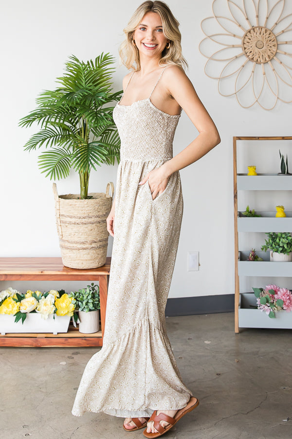 SMOCKED CAMI RUFFLE HEM RELAXED JUMPSUIT