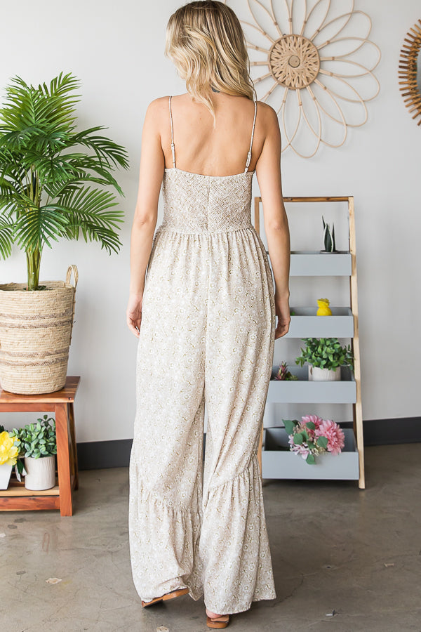 SMOCKED CAMI RUFFLE HEM RELAXED JUMPSUIT