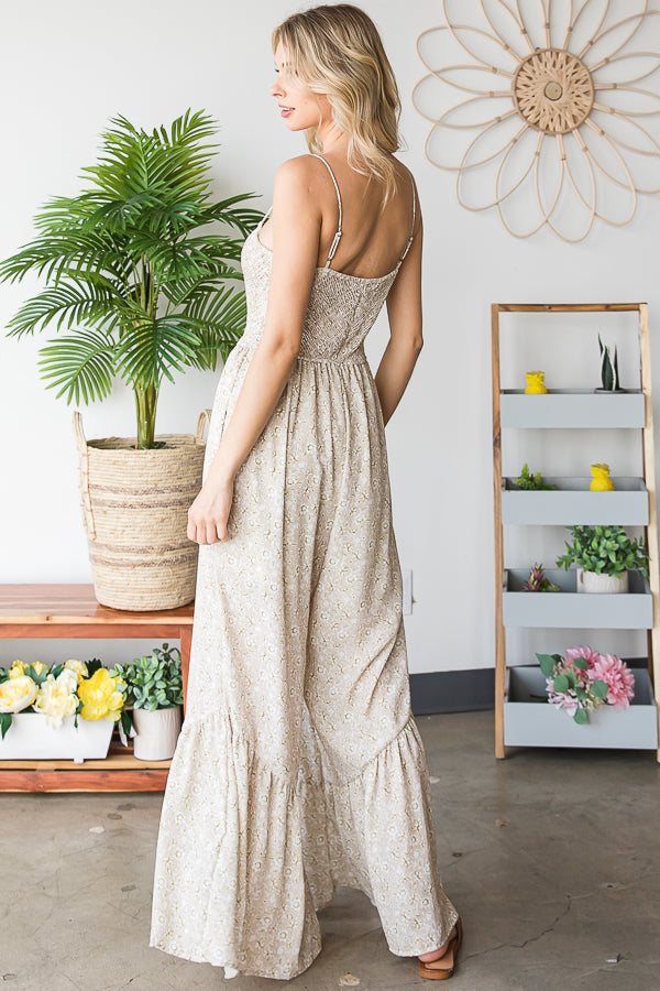 SMOCKED CAMI RUFFLE HEM RELAXED JUMPSUIT