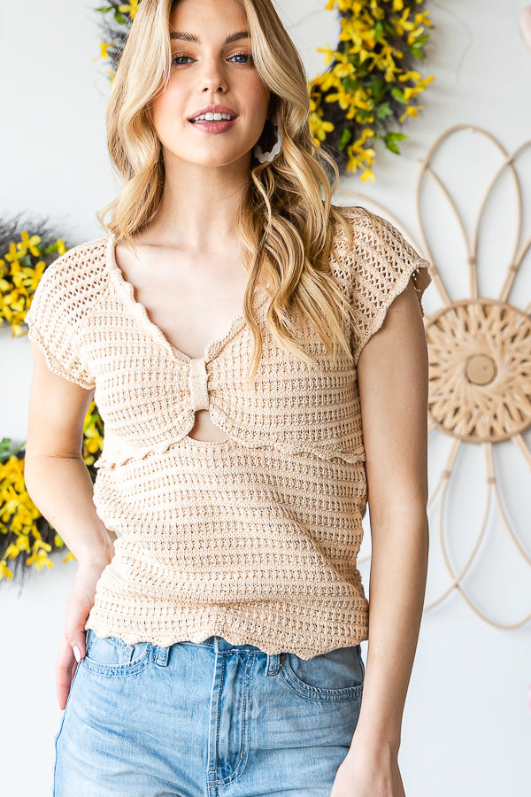 WASHED CROCHET KNITTED CAP SLEEVE SCALLOP TEE
