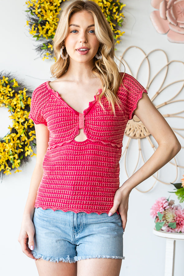 WASHED CROCHET KNITTED CAP SLEEVE SCALLOP TEE