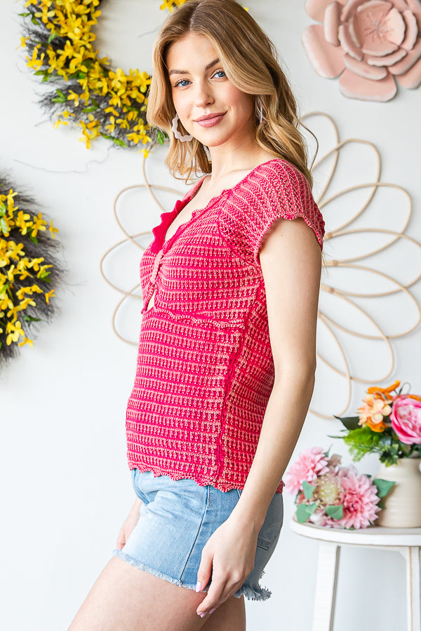WASHED CROCHET KNITTED CAP SLEEVE SCALLOP TEE