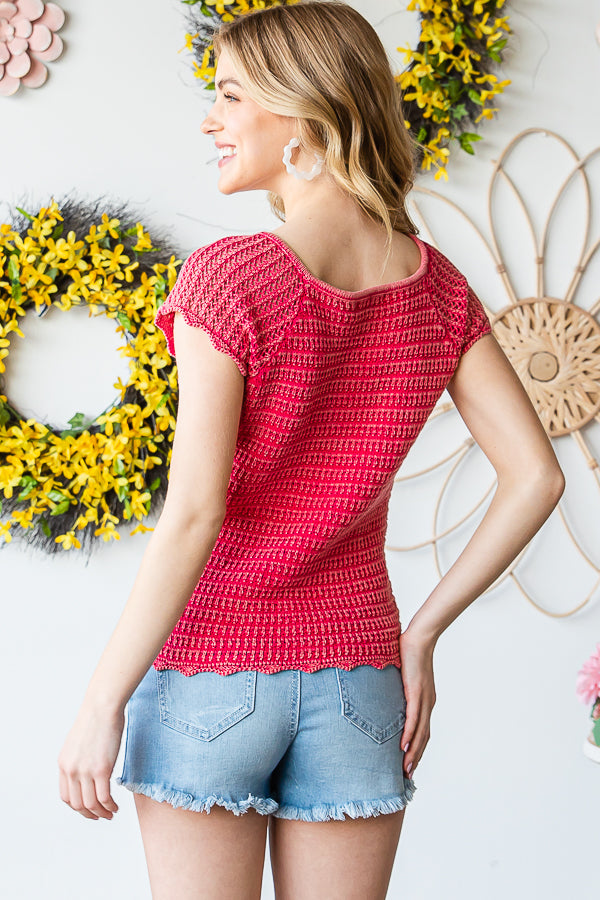 WASHED CROCHET KNITTED CAP SLEEVE SCALLOP TEE