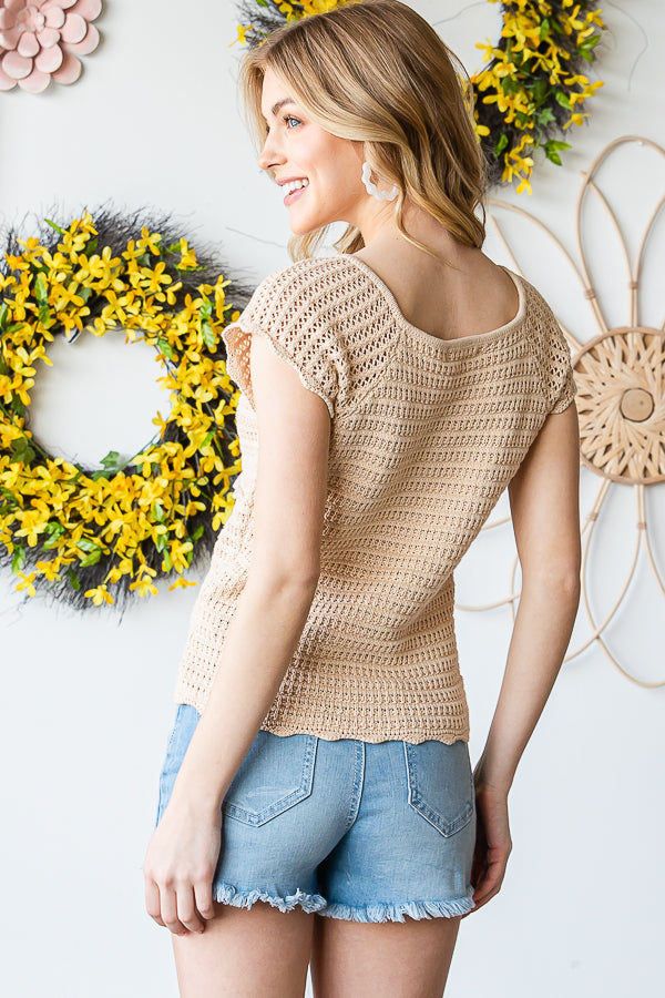 WASHED CROCHET KNITTED CAP SLEEVE SCALLOP TEE