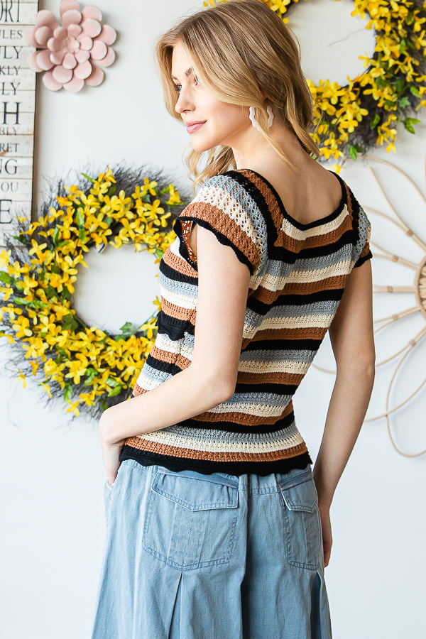 WASHED STRIPED CROCHET CAP SLEEVE SCALLOP TEE