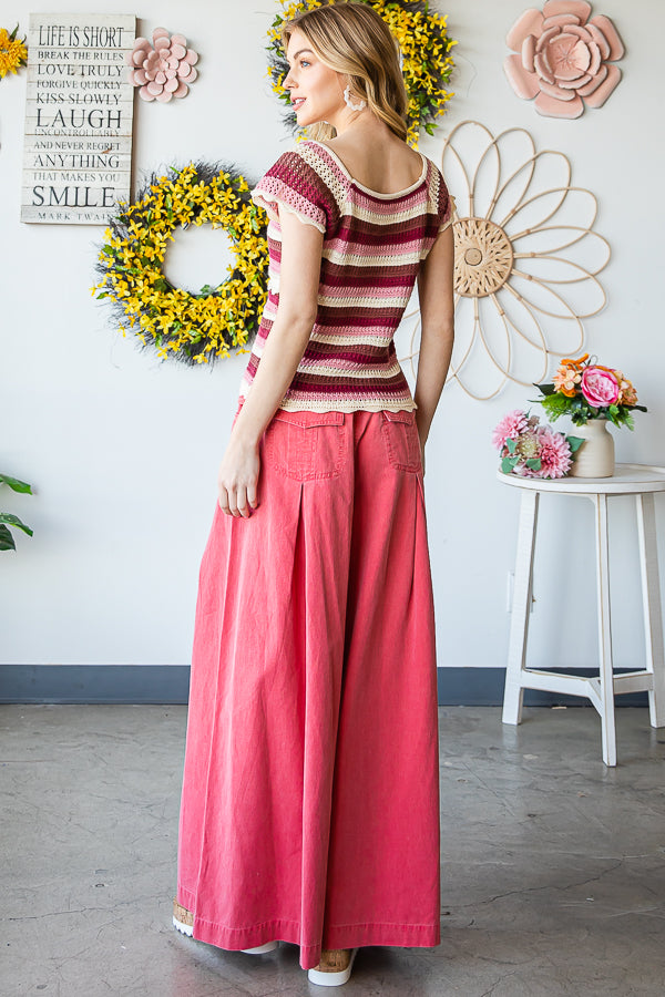 WASHED STRIPED CROCHET CAP SLEEVE SCALLOP TEE