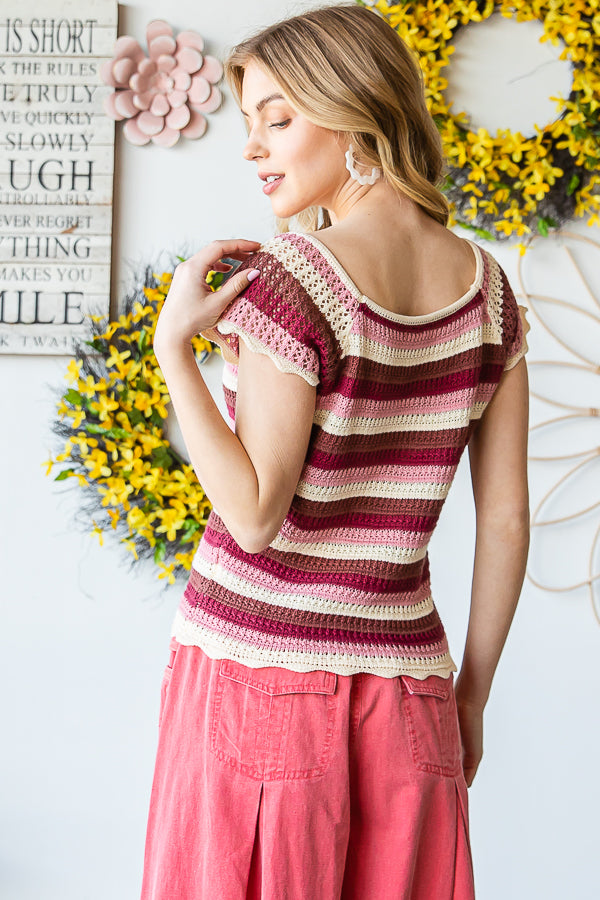 WASHED STRIPED CROCHET CAP SLEEVE SCALLOP TEE