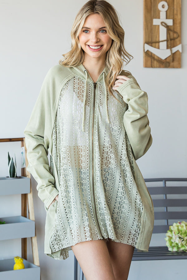 WASHED LACE CONTRAST HOODED ZIP UP KNIT TOP