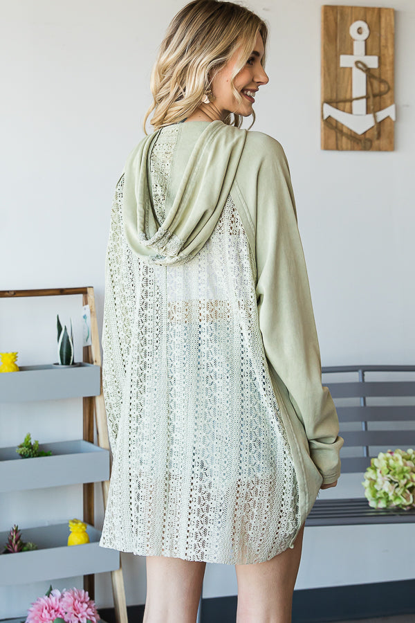 WASHED LACE CONTRAST HOODED ZIP UP KNIT TOP