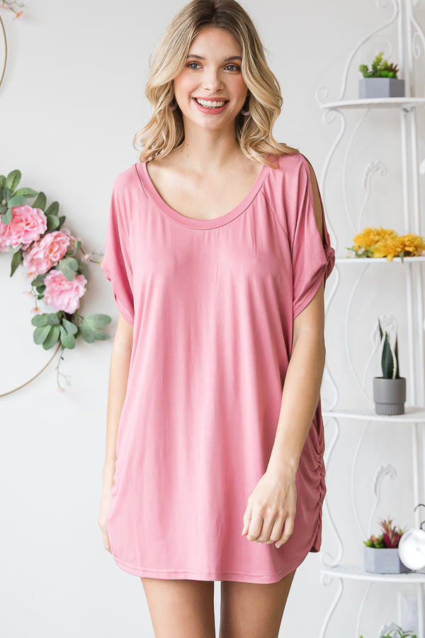 COLD SHOULDER ROUND NECK KNIT TOP