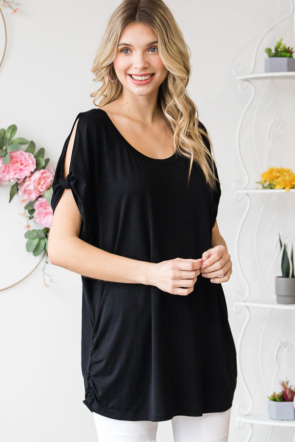 COLD SHOULDER ROUND NECK KNIT TOP