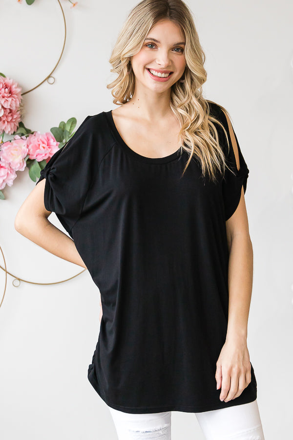 COLD SHOULDER ROUND NECK KNIT TOP