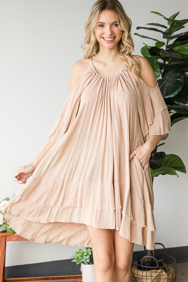 COLD SHOULDER DOUBLE LAYERED SLEEVE TUNIC TOP