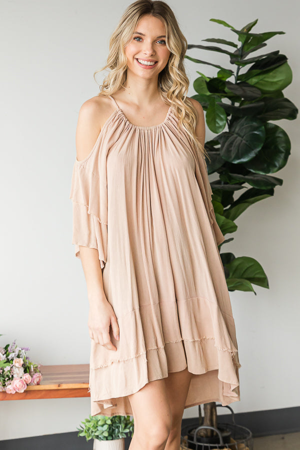 COLD SHOULDER DOUBLE LAYERED SLEEVE TUNIC TOP