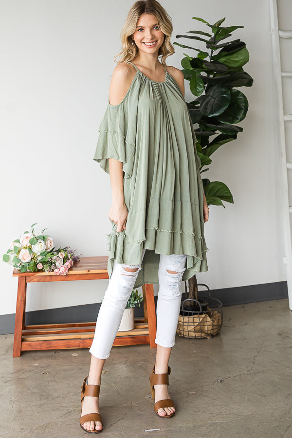 COLD SHOULDER DOUBLE LAYERED SLEEVE TUNIC TOP
