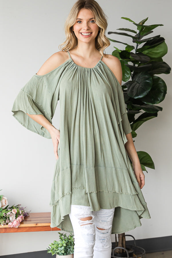 COLD SHOULDER DOUBLE LAYERED SLEEVE TUNIC TOP