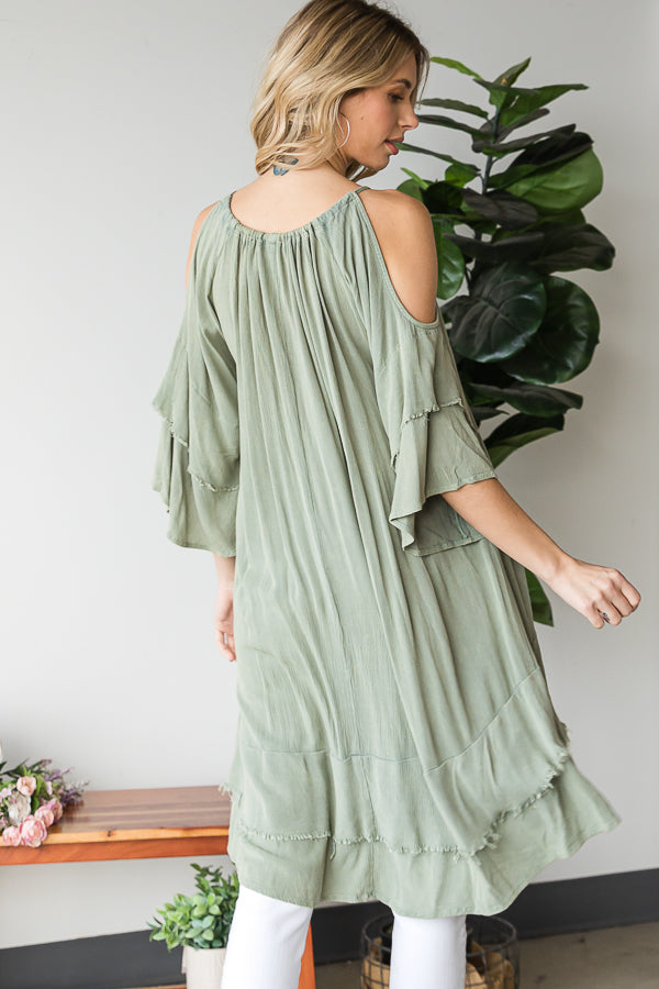 COLD SHOULDER DOUBLE LAYERED SLEEVE TUNIC TOP