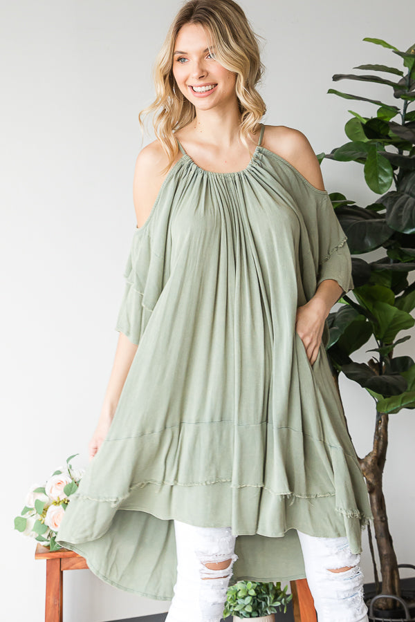 COLD SHOULDER DOUBLE LAYERED SLEEVE TUNIC TOP