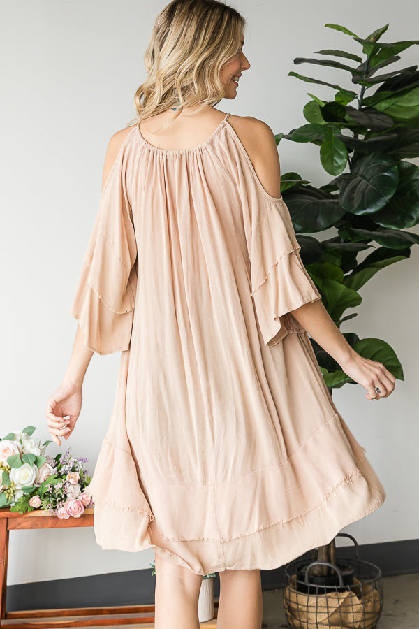 COLD SHOULDER DOUBLE LAYERED SLEEVE TUNIC TOP