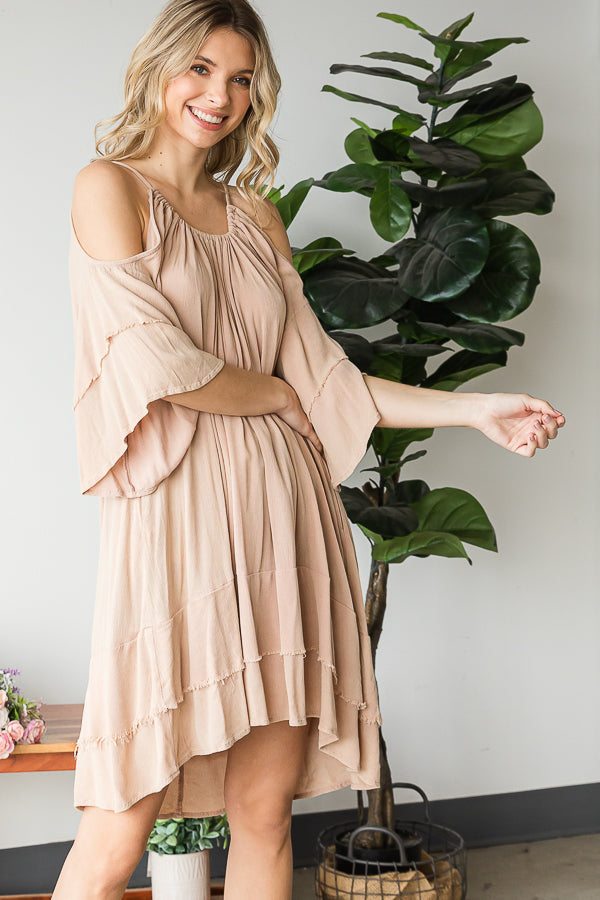 COLD SHOULDER DOUBLE LAYERED SLEEVE TUNIC TOP