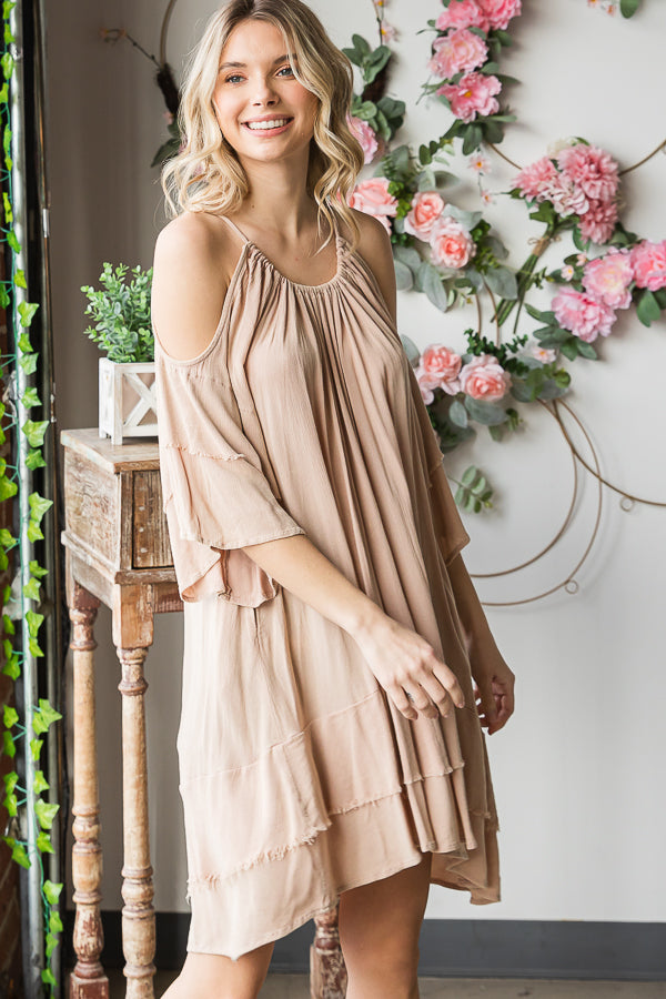 COLD SHOULDER DOUBLE LAYERED SLEEVE TUNIC TOP