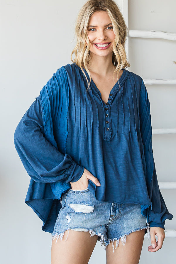 HENLEY V NECK PINTUCKED FRONT LONG SLEEVE BLOUSE